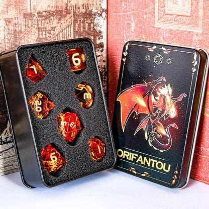 Magic Golden Ring DND Dice Set Sharp Edge Red Gaze Eye Resin Dice with Box, for use with RPG D&D Tabletop Games Lord D and D Polyhedral Dice Set - color: Ring -Eye-red