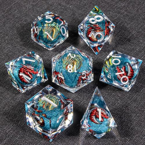 KERWELLSI Liquid Core Dragons Pattern Dice, Resin DND Dice Set with Gift Box, Blue Sharp Edged Dungeons D&D Dice, Role Playing Game Dice D20 D12 D10 D8 D6 D4 - color: Blue
