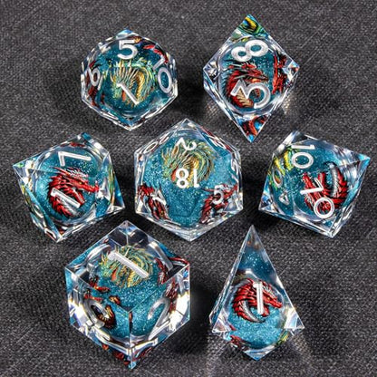KERWELLSI Liquid Core Dragons Pattern Dice, Resin DND Dice Set with Gift Box, Blue Sharp Edged Dungeons D&D Dice, Role Playing Game Dice D20 D12 D10 D8 D6 D4 - color: Blue
