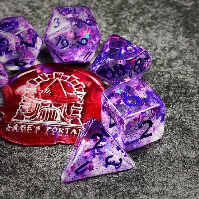 Sage’s Portal Cantrips DND Dice Set - Round Edge Resin 7-PC Polyhedral DND Dice Set for Dungeons and Dragons D&D RPG Tabletop TTRPG (Purple Stars) - color: Purple Stars