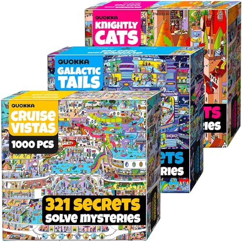 1000 Piece Puzzle for Adults – 3 Jigsaw Puzzles for Adults 1000 Pieces | Stunning Scenic Animal Puzzles Set in Premium Box Packaging — Knightly Cats, Animal Bash, Cruise Vistas — Fun Challenges - color: Set 3x