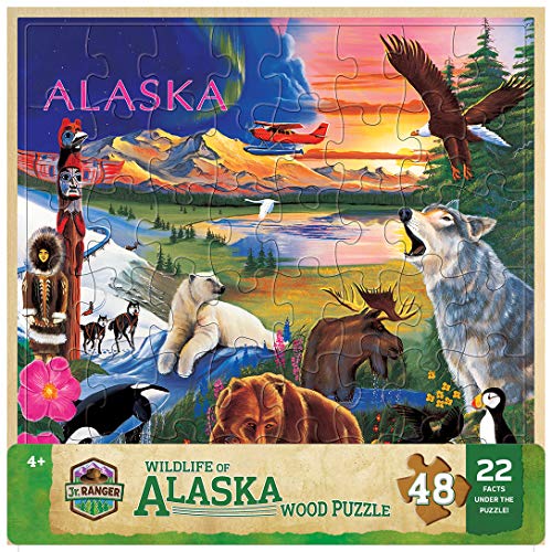 MasterPieces 48 Piece Fun Facts Jigsaw Puzzle for Kids - Jr Ranger Alaska Wildlife Wood Puzzle - 12"x12" - style: Alaska Wildlife
