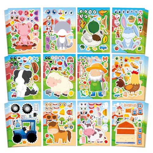 Aowplc 48 Sheets Farm Animal Make‑a‑Face Stickers for Kids & Toddlers – 12 Unique Mix‑and‑Match Designs – Farm Party Favors, Birthday Supplies, Activities & Crafts - style: Farm Fun
