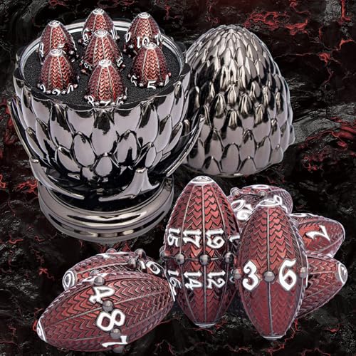 ARUOHHA DND Metal Dice Black Red Dragon Egg Dice with Rotating Dragon Egg Shell, Role Playing Game RPG Polyhedral D and D Dice Set D20 D12 D10 D8 D6 D4 - color: Black Red
