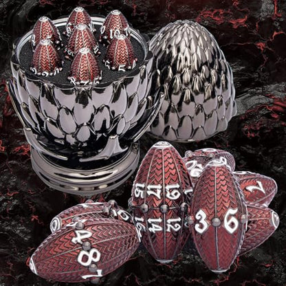 ARUOHHA DND Metal Dice Black Red Dragon Egg Dice with Rotating Dragon Egg Shell, Role Playing Game RPG Polyhedral D and D Dice Set D20 D12 D10 D8 D6 D4 - color: Black Red