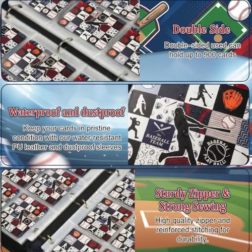 Trading Card Binder 9 Pocket, Black White Baseball Card Binder Holds 900 Cards with 50 Removable Sleeves, Waterproof PU Leather with Zipper Card Collector Album Book Compatible with TCG Cards - color: Black White Baseball