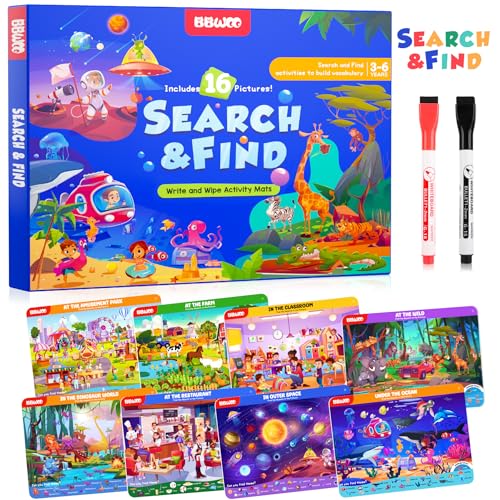 BBWOO Search and Find Activity Book, Reusable Travel Game Toys for Kids 3-8 | Car Airplane Road Trip Activities for Kids Games, Preschool Learning Activities, Educational Seek Game,Gifts for Boys Girls - color: Blue