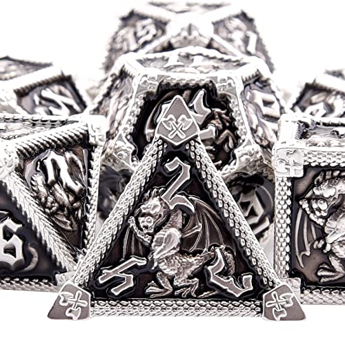 AUSTOR 7-Die Metal DND Dice Set Dungeons and Dragons Polyhedral Roll Playing Dice with Box D20 D12 D10 D% D8 D6 D4 for Pathfinder MTG RPG Board Games - color: Black With Silver Edge