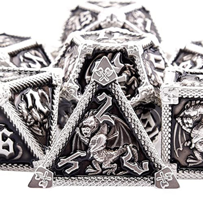 AUSTOR 7-Die Metal DND Dice Set Dungeons and Dragons Polyhedral Roll Playing Dice with Box D20 D12 D10 D% D8 D6 D4 for Pathfinder MTG RPG Board Games - color: Black With Silver Edge