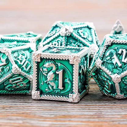 AUSTOR 7-Die Metal DND Dice Set Dungeons and Dragons Polyhedral Roll Playing Dice with Box D20 D12 D10 D% D8 D6 D4 for Pathfinder MTG RPG Board Games - color: Emerald With Silver Edge