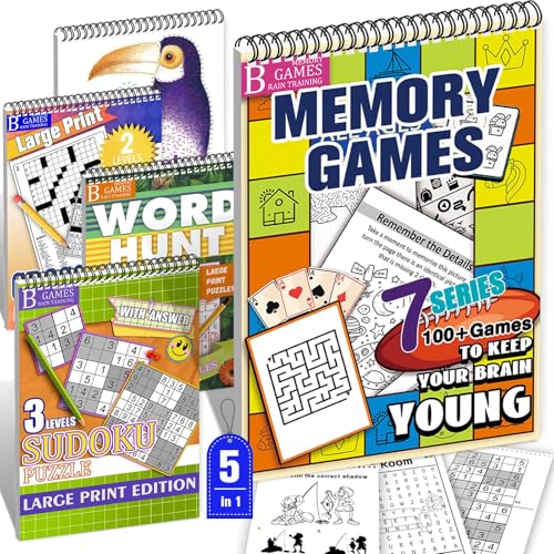 Memory Activities for Seniors Large Print 300+Brain Exercises to Spark Joy | 5-in-1 Spiral Bound Book Set for Seniors & Adults: Memory-Boosting Brain Games - Sudoku, Crosswords,Word Search,Mazes & More - color: Memory Activities2_5pcs