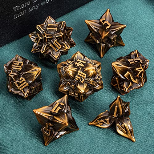 ARUOHHA DND Metal Dice Set Ancient Gold Leaf Design Polyhedral Dice with Box, 7PCS D and D Dice RPG Role Playing Games D20 D12 D10 D8 D6 - color: Leaves- Ancient Gold