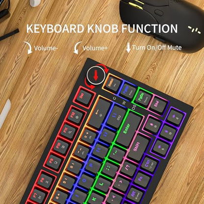 Newmen GM326 75% Percent Mechanical Keyboard,Wired Mini Backlit Hot Swappable Gaming Mechanical Keyboard with Knob,82 Keys Anti-Ghosting Compact Black Gaming Keyboards for PC Win Mac,Red Switch - color: Black