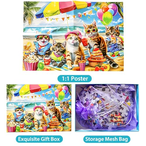 Puzzles for Kids Ages 4-8 6-8 8-10 Year Old and Seniors - Funny Cats Puzzle Beach Kitten Jigsaw Puzzles, 100 Piece Puzzle for Toddler Children Learning Educational Puzzles Toys for Boys and Girls - size: Cats Puzzles