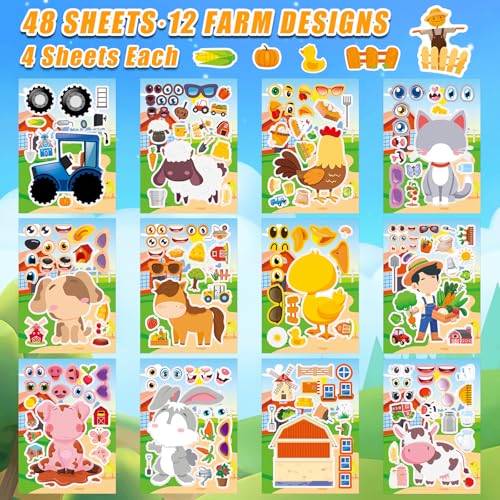 48 Sheets Create Funny Farm Animals Stickers, Make a Face Stickers for Boys and Girls, Travel Sticker Books, Party Favors, Birthday, Home, School and Activities Gifts for Kids Ages 3+ - style: Farm Animal