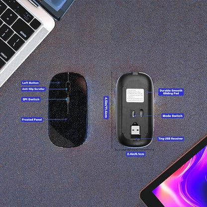 AIKOKOK Wireless Bluetooth Mouse, Rechargeable, Dual Mode Bluetooth 5.2 & 2.4G USB, LED Lights, Slim, Silent, Portable Computer Mouse for Laptop, PC, MacBook, iPad, Tablet (Bright Black) - color: Bright Black