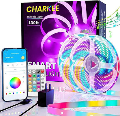 CHARKEE 130ft LED Strip Lights RGB Color Changing | 65.6ft x 2 Rolls, Music Sync, Dimmable, 24V Bluetooth LED Lights, Smart App & Remote Control for Bedroom DIY - size: Bluetooth 130ft