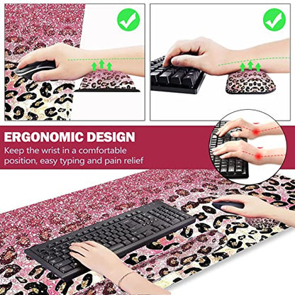 ARTSO Extended Gaming Mouse Pad Set, Keyboard Wrist Rest Support Pad + Wrist Cushion + XXL Large Mouse Pad + Coaster, Stitched Edge, Non-Slip, Memory Foam Desk Mat, Pink Leopard Print - color: Pink Leopard Print