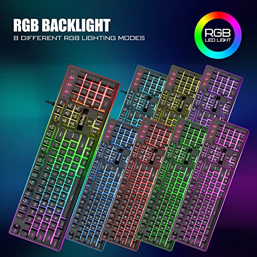 RedThunder K10 Wired Gaming Keyboard and Mouse and Wrist Rest Combo, RGB Backlit, Mechanical Feel Anti-ghosting Keyboard + 7D 7200 DPI Mice+Soft Leather Wrist Rest 3 in 1 PC Gamer Accessories(Black) - color: Black