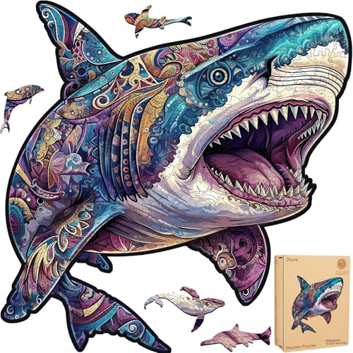 Delobil Wooden Puzzles for Adults, Shark Jigsaw Puzzles 500 Pieces, Unique Shape Puzzles with Wooden Box, 17.3 x 17.4 Inches Royal Size Family Game Gift, Fun Challenging Puzzles for Adults and Kids - color: Shark, size: 500Pcs