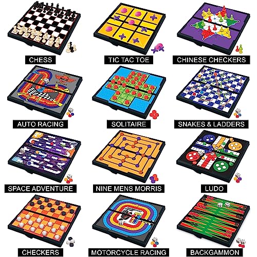 Gamie Magnetic Board Travel Games for Kids, Includes 12 Retro Fun Games - 5" Compact Design, Individually Boxed Travel Essentials for Kids 4-8, 8-12, Road Trip/Airplane/Camping, for All Ages