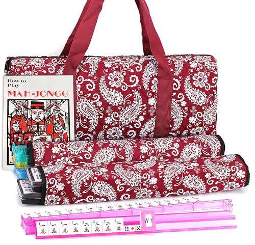 American Mahjong Set 166 White Tiles Red Paisley Carrying Bag Mahjongg Game | Includes 4 colored racks with pushers, chips, wind indicator and English manual; complete Mahjong game set for gift or party - color: American Mahjong With Red Paisley Bag