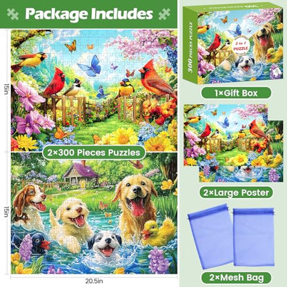 2 Pack 300 Pieces Puzzle for Adults,Bird Jigsaw Puzzles 300 Pieces Dog Puzzle Hummingbird Puzzles 300 Piece for Adults Kids Seniors Premium Cardboard Bird Lover Puzzles - style: Dog Bird