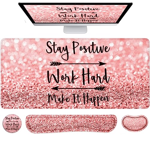 Lateefah Mouse Pad with Wrist Rest, Desk Mat + Keyboard Wrist Rest Set, Desk Pad for Keyboard and Mouse, 4-in-1 Large Mouse Pad with Wrist Support for Office, Home - color: 4Pcs-Pink Stay Positive