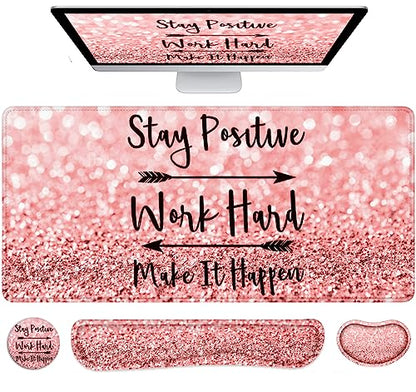 Lateefah Mouse Pad with Wrist Rest, Desk Mat + Keyboard Wrist Rest Set, Desk Pad for Keyboard and Mouse, 4-in-1 Large Mouse Pad with Wrist Support for Office, Home - color: 4Pcs-Pink Stay Positive