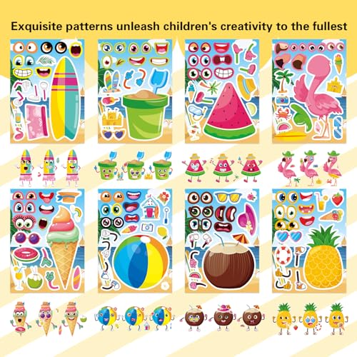 Summer Stickers, Make a Face Sticker, Hawaii Luau DIY Craft Activities | 24 Sheets Make your own Stickers, Flamingo Watermelon Pineapple Beach Party Favors for Kids Toddlers - style: 24 Sheets Summer Stickers