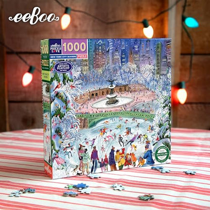 eeBoo New York City Skaters 1000 Piece Square Jigsaw Puzzle, 23" x 23" | Double coated, sturdy & dust free pieces with a satisfying snap. Includes full color reference insert. Vibrant, original art - style: New York City Skaters