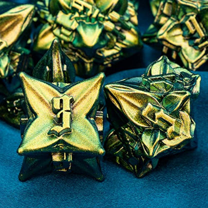 ARUOHHA DND Metal Dice Set Yellow Green Leaf Design Polyhedral Dice with Box, 7PCS D and D Dice RPG Role Playing Games D20 D12 D10 D8 D6 - color: Yellow Green