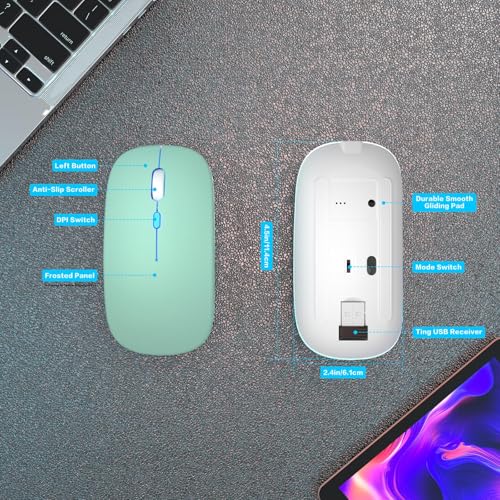 AIKOKOK Wireless Bluetooth Mouse, Rechargeable, Dual Mode Bluetooth 5.2 & 2.4G USB, LED Lights, Slim, Silent, Portable Computer Mouse for Laptop, PC, MacBook, iPad, Tablet (Green) - color: Green