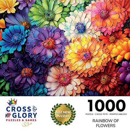 Cross & Glory | 1000 Piece Jigsaw Puzzles for Adults | Rainbow of Flowers | Flower Puzzles for Adults | 2mm Thick Pieces | Bonus Reference Poster | Satin Finish | Ages 14+ - color: Rainbow of Flowers