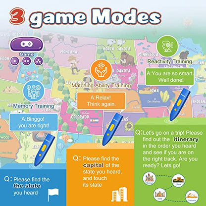 Qiaojoy V2 Interactive Kids Map Bilingual United States Map for Kids Learning, Educational Talking USA Map Poster Geography Games Personalized Kid Toys for Boys & Girls Ages 3-12. - style: USA Map