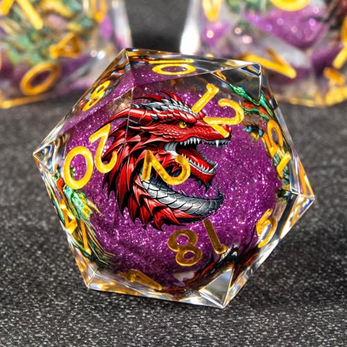 KERWELLSI Liquid Core Dragons Pattern Dice, Resin DND Dice Set with Gift Box, Purple and Gold Sharp Edged Dungeons D&D Dice, Role Playing Game Dice D20 D12 D10 D8 D6 D4 - color: Purple and Gold