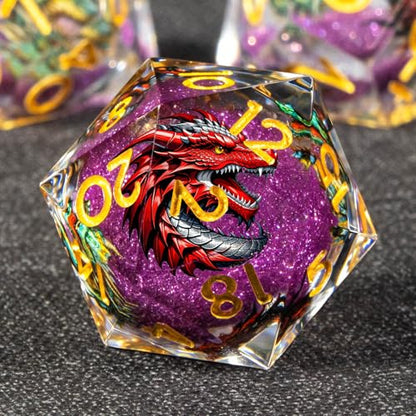 KERWELLSI Liquid Core Dragons Pattern Dice, Resin DND Dice Set with Gift Box, Purple and Gold Sharp Edged Dungeons D&D Dice, Role Playing Game Dice D20 D12 D10 D8 D6 D4 - color: Purple and Gold