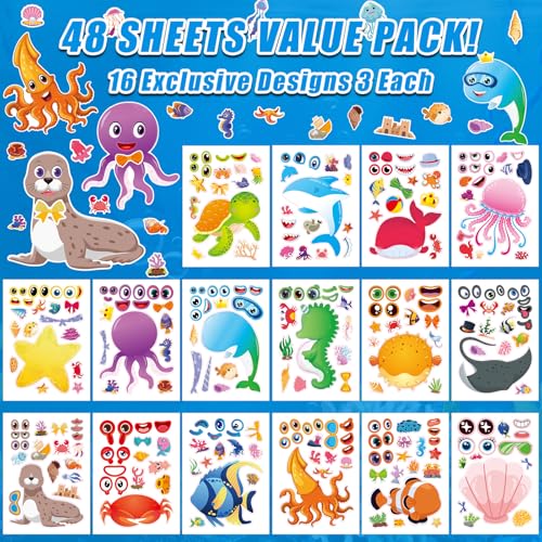 48 Sheets Create Funny Ocean Animals Stickers, Make a Face Stickers for Boys and Girls, Travel Sticker Books, Party Favors, Birthday, Home, School and Activities Gifts for Kids Ages 3+ - style: Underwater Animal
