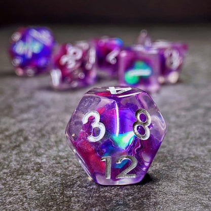 Sage’s Portal Cantrips DND Dice Set - Round Edge Resin 7-PC Polyhedral DND Dice Set for Dungeons and Dragons D&D RPG Tabletop TTRPG (Purple Holo Flakes) - color: Purple Holo Flakes