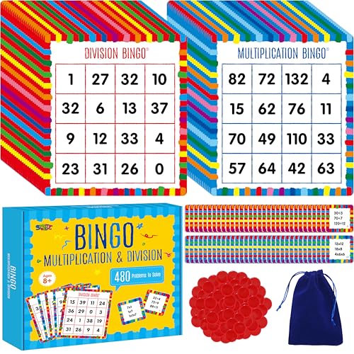 SpriteGru Multiplication & Division Bingo Game, 480 Math Problems, 2 Educational Math Board Game for Kindergarten and Preschool Kids 4-8, Perfect for Classroom & At Home (Up to 25 Players) - style: 25 Pcs Multiplication & Division Bingo Game