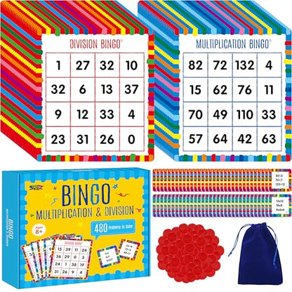 SpriteGru Multiplication & Division Bingo Game, 480 Math Problems, 2 Educational Math Board Game for Kindergarten and Preschool Kids 4-8, Perfect for Classroom & At Home (Up to 25 Players) - style: 25 Pcs Multiplication & Division Bingo Game