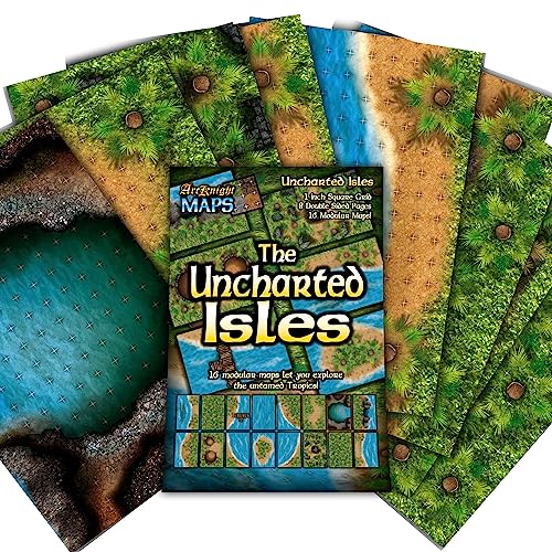 Arcknight The Uncharted Isles Roleplaying Battlemaps; 16 Modular RPG Maps in 8 Double-Sided Pages, 1" Square Grid, Modular & Versatile Design for Tabletop Gaming - for Dungeons & Dragons & Pathfinder - style: Uncharted Isles