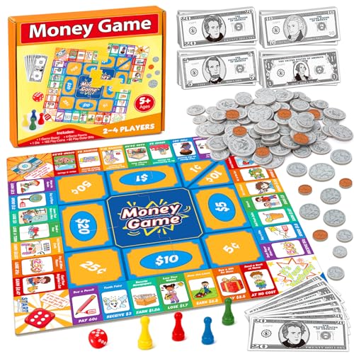 Torlam Money Board Games for Kids, Coins and Bills Toddler Pretend Play Toys, Money for Kids Learning Education Kindergarten Math Games Math Manipulatives, Homeschool Supplies Classroom Must Haves