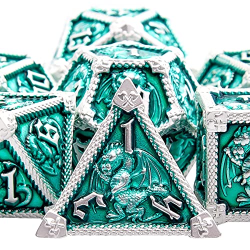 AUSTOR 7-Die Metal DND Dice Set Dungeons and Dragons Polyhedral Roll Playing Dice with Box D20 D12 D10 D% D8 D6 D4 for Pathfinder MTG RPG Board Games - color: Emerald With Silver Edge