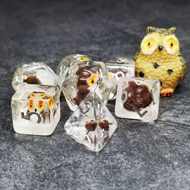 Sage's Portal Familiars Dice and Toy Set Combo Resin DND Dice Set Polyhedral Dice Set for Dungeons and Dragons RPG Pathfinder Tabletop TTRPG (Owl+ Figurine) - color: Owl, style: Dice Set +Mini Figure