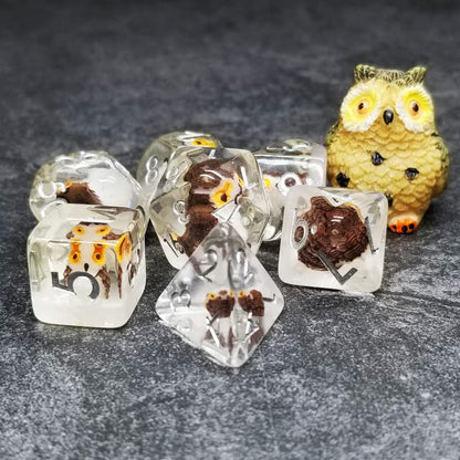 Sage's Portal Familiars Dice and Toy Set Combo Resin DND Dice Set Polyhedral Dice Set for Dungeons and Dragons RPG Pathfinder Tabletop TTRPG (Owl+ Figurine) - color: Owl, style: Dice Set +Mini Figure