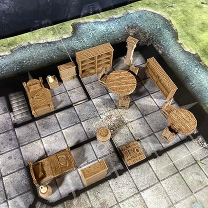 Miniature Furniture Starter Bundle for Tabletop Role Playing Games, 28mm Scale, Ready to Use Terrain Set for D&D