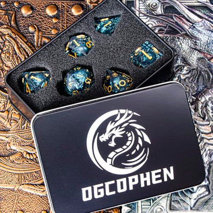 DND Skull Dice Set 7PCS Necromancer Polyhedral Dice for Dungeons Dragons RPG Role Playing Game, Resin Sharp Edged D and D Dice with Gift Box D6 D8 D10 D12 D20 (Navy Blue) - color: Navy Blue&gold
