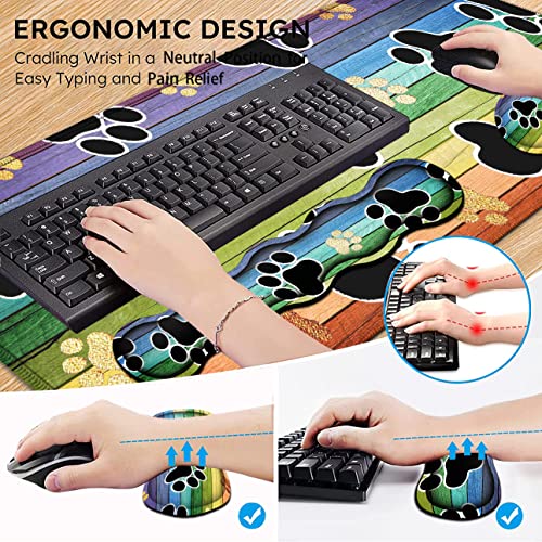 Ergonomic Mouse Pad Set, Desk Mat(31.5×11.8 in) + Keyboard Wrist Rest Support + Mouse Wrist Rest for Office,Home,Computer,Laptop -Rainbow Woodgrain Black Cute Dog Paw Gaming Large Mousepads XXL - color: JV-mouse pad-8-14