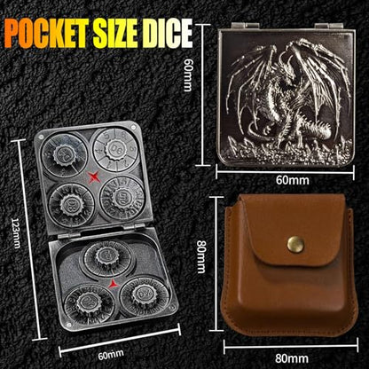 Metal DND Dice Set 7-in-1 D4-D20 3D Dragon Case Leather Bag Silver | 7 in 1 metal polyhedral dice. D4-D20 dnd spinner. 3D dragon case. Leather storage bag. Zinc alloy. DND RPG TTRPG gift. - color: Silver